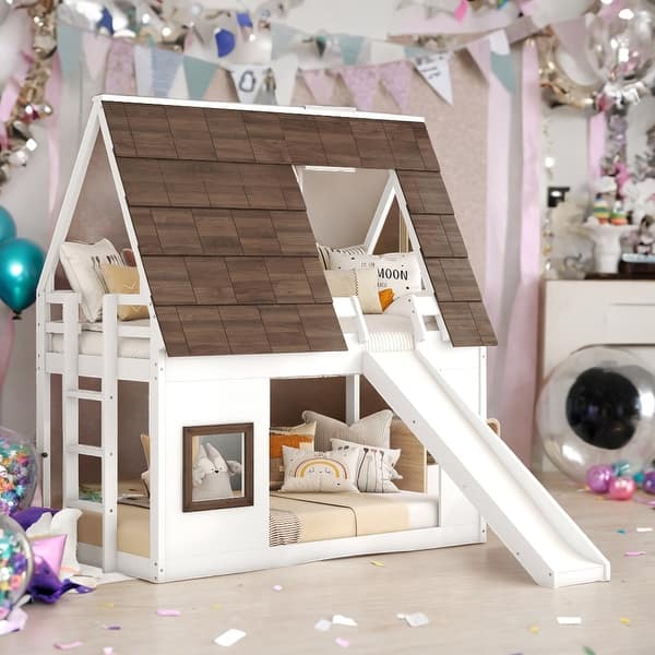 slide 2 of 10, Wood Twin Size House Bunk Bed with Roof, Ladder and Slide, No Box Spring Required, Easy Assembly, White+Brown White+Brown - Twin