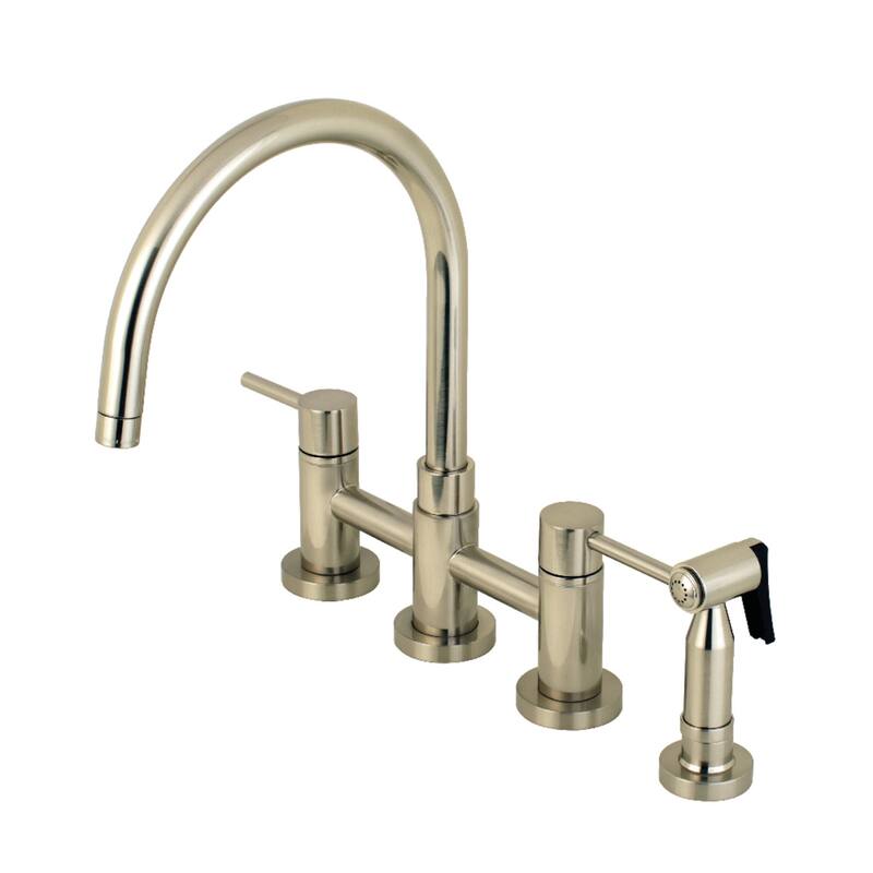 Kingston Brass Concord Two-Handle Gooseneck Bridge Kitchen Faucet with Brass Sprayer - Brushed Nickel