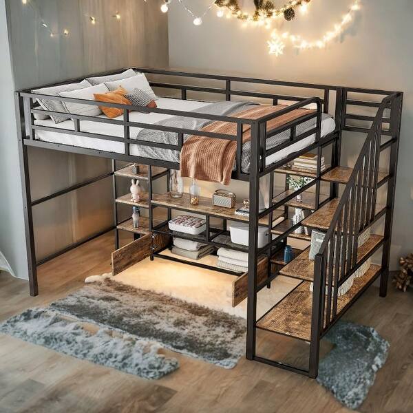 slide 2 of 15, Full Size Metal Loft Bed with Staircase,Two 4-Tier Shelves,Low Table With 2 Mesh Shelves Black