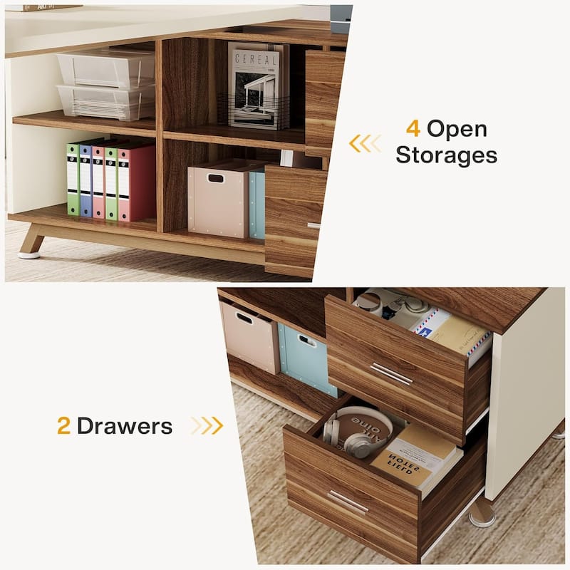 78.7" L-Shaped Executive Desk with 55" File Cabinet, Walnut & White Workstation Furniture