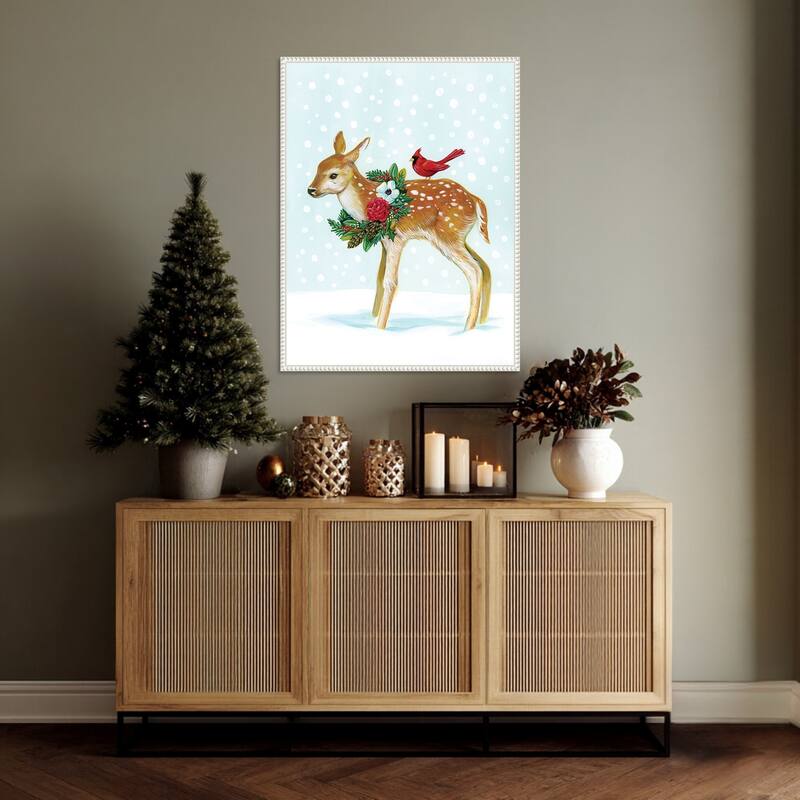 Winter Woodland Creatures with Cardinals II by Laura Marr (23 x 30 in.), Framed Canvas Wall Art Print - Sylvie Beaded White