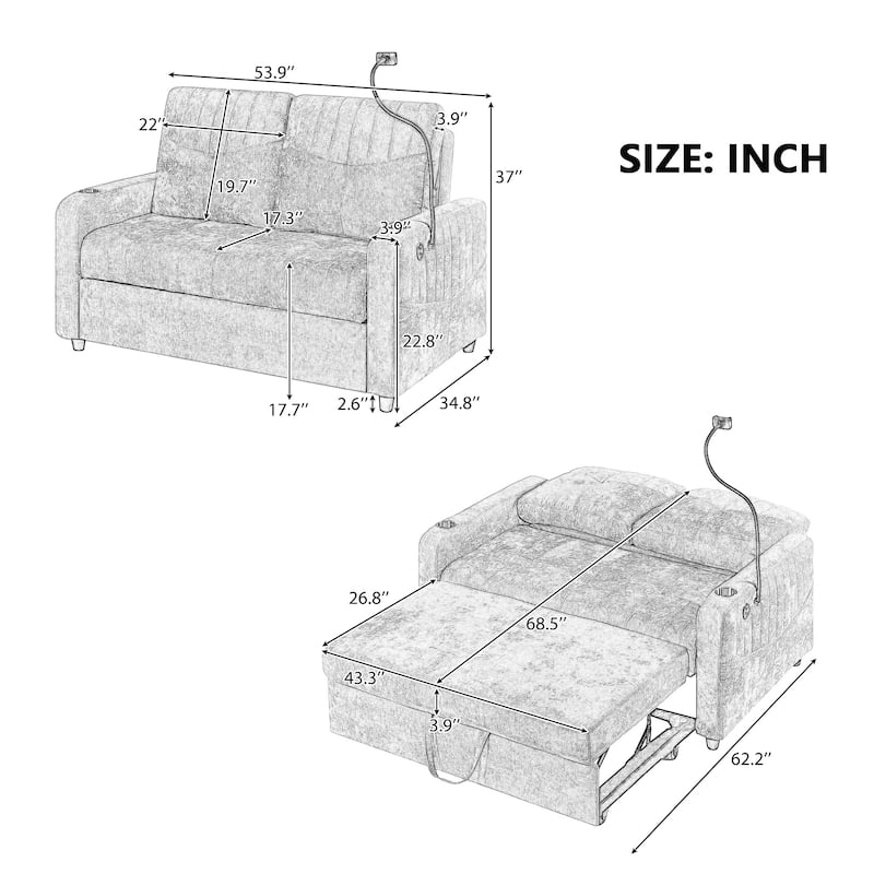 53.9" Chenille Convertible Loveseat with Pull-Out Bed, 3 USB Ports, and Smart Storage