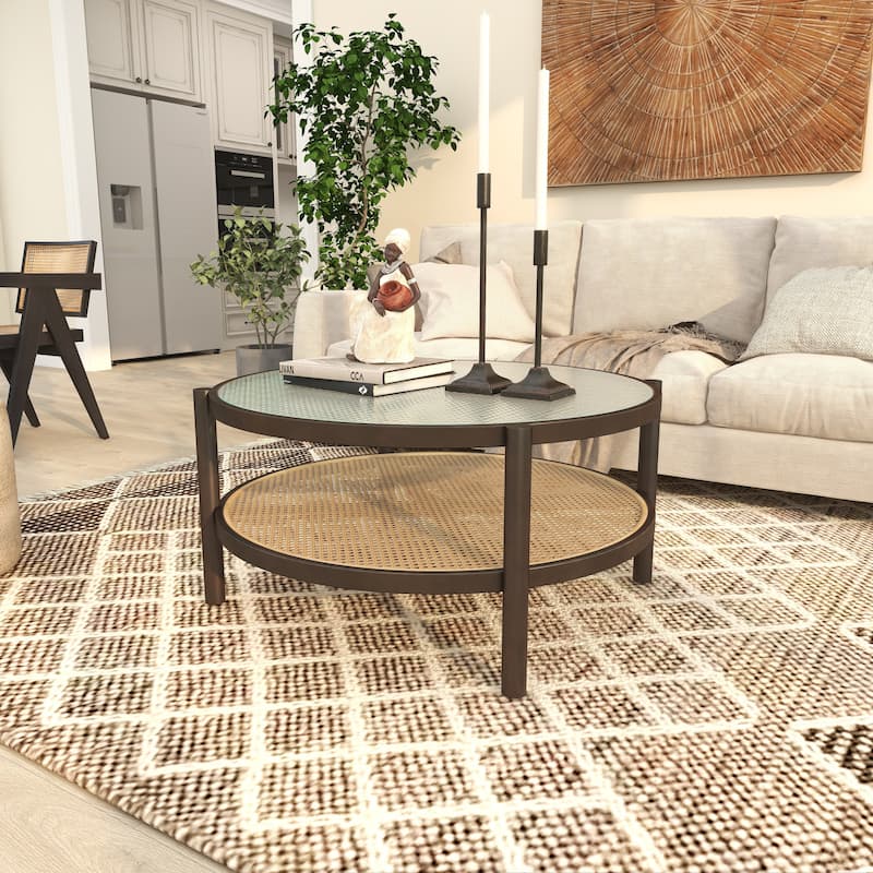 Rattan Living Room Coffee Table with Pressed Tempered Glass Top - Brown - Roche River Decor