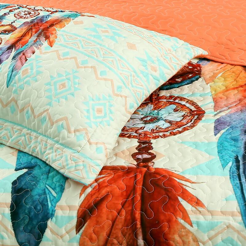MarCielo 3 Piece Dream Catcher Quilt Bedspread Set Soft and Stylish Dreamcatcher and Feather Design ME502