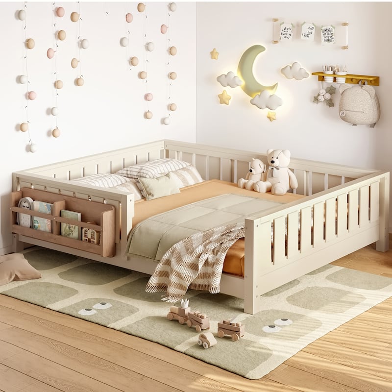 Low Profile Montessori Bed Floor Platform Bed with Fence and Bookshelf - Beige - Full