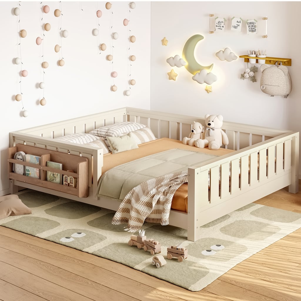 Low Profile Montessori Bed Floor Platform Bed with Fence and Bookshelf