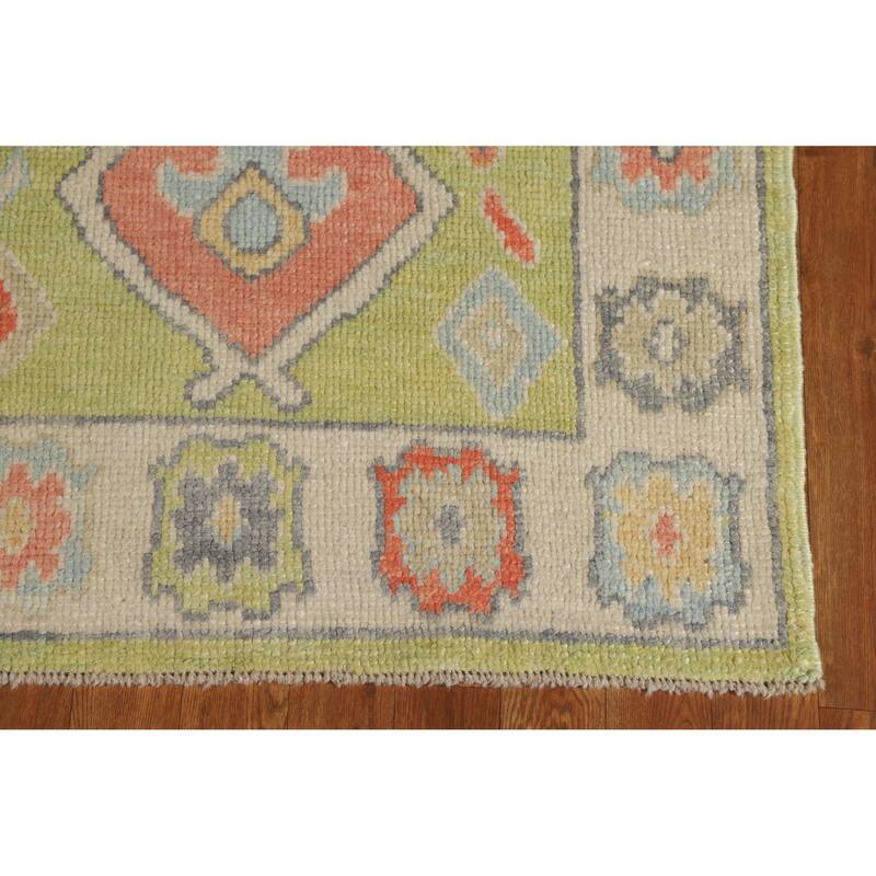 Hand Knotted Oriental 100% Wool Carpet Transitional Geometric Green Oushak Runner Rug - 8' 3'' X 3' 1''