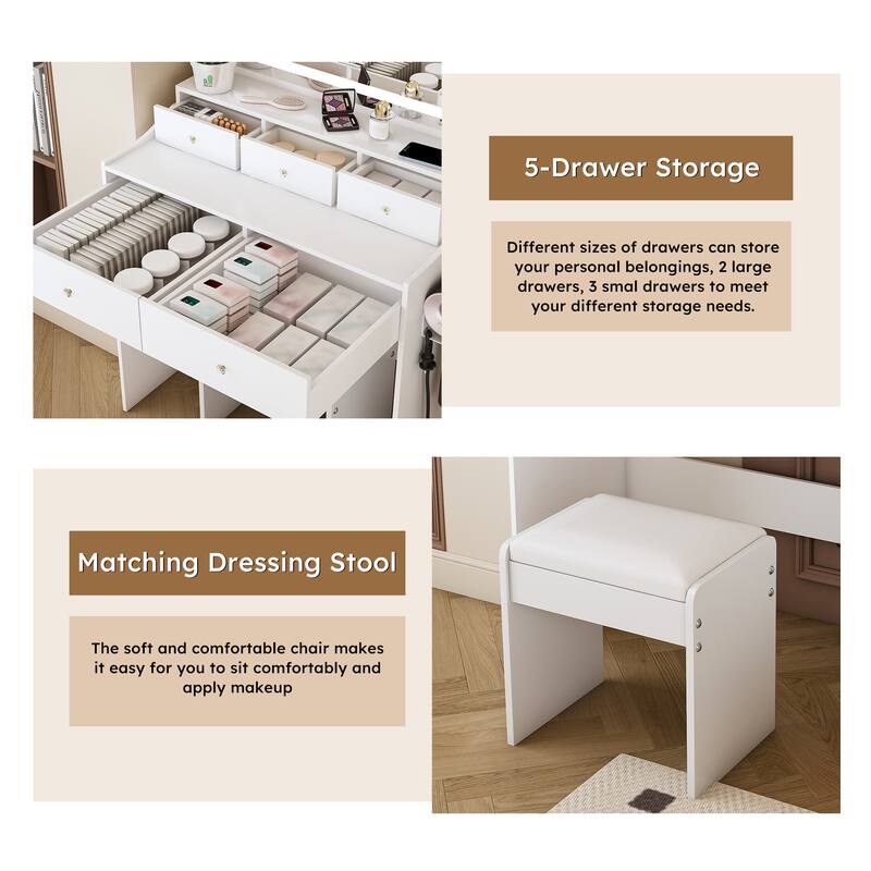 Large Mirror Vanity Desk for Bedroom, Modern Makeup Vanity with Power Outlet and Hair Dryer Holder, Dressing Table & Stool Set