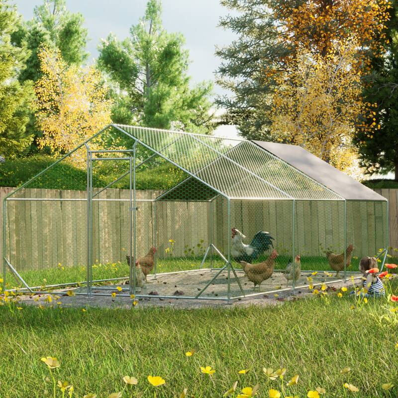 GDFStudio - Harrison Large Walk-In Metal Chicken Coop with Secure Galvanized Wire Run - 10' L x 20' W x 6.56' H