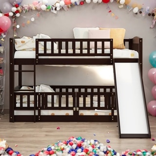 Modren Twin Over Twin Versatile Low Bunk Bed With Slide,Fence and Ladder For Toddler Kids Teens