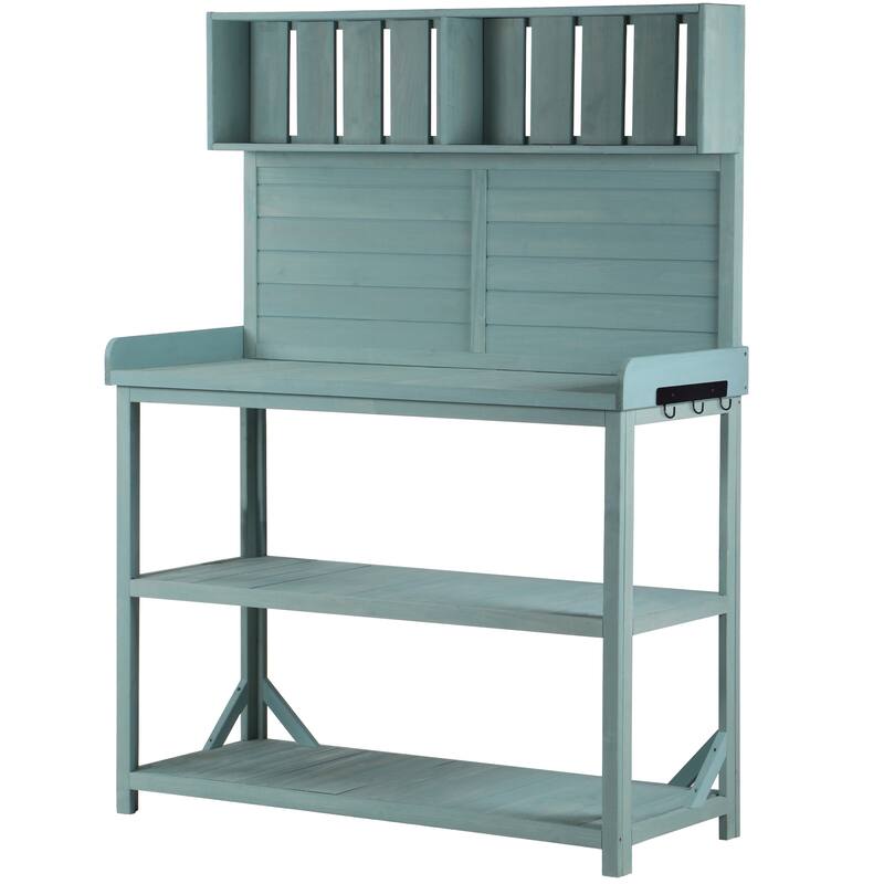 Outdoor Potting Bench Table, Garden Potting Bench with Splash Plate, Patio Workstation with 4 Storage Shelves and Side Hook