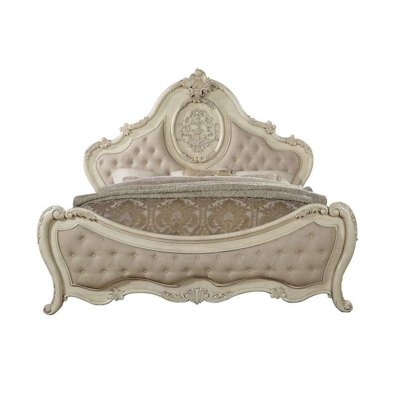 Versaille Beige and Antique White Button Tufted Queen Bed