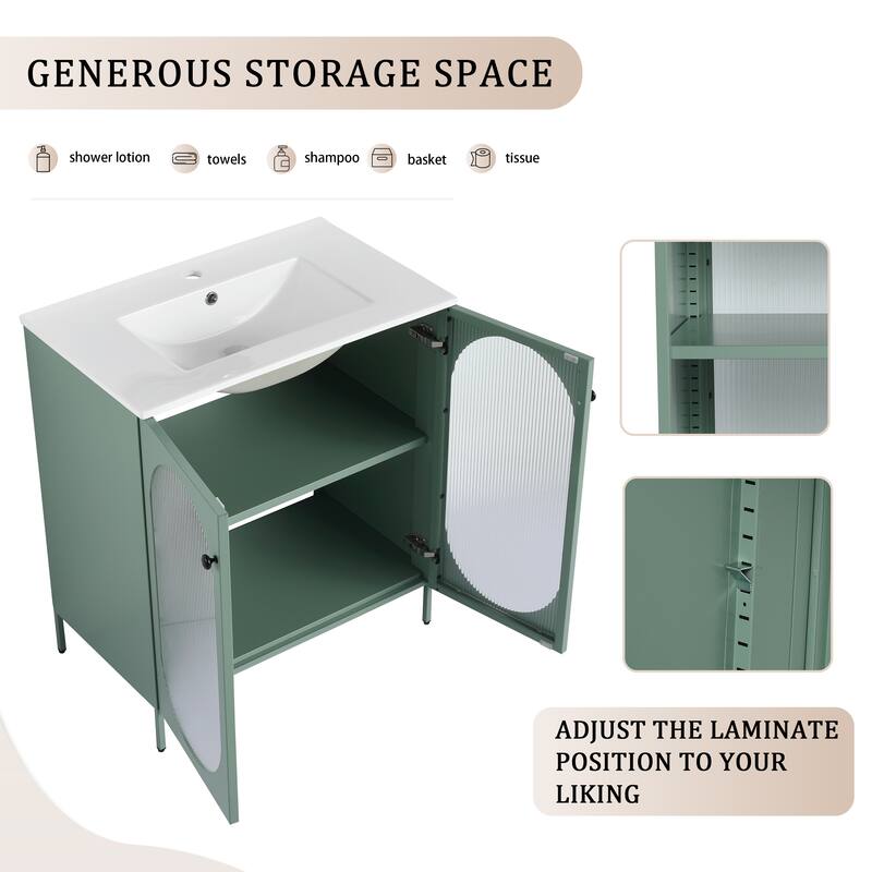 Modern Freestanding Bathroom Vanity with Adjustable Shelves, Ceramic Sink, Acrylic Door, and Metal Handles - 30in L Steel