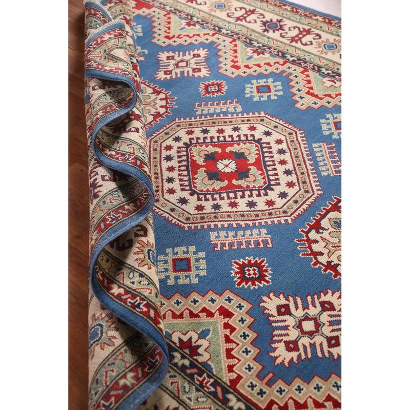 Blue Geometric Kazak Area Rug Handmade Oriental Wool Carpet - 6'8" x 9'9"
