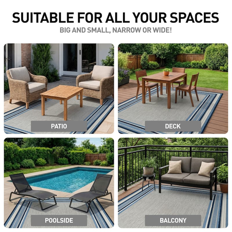 World Rug Gallery Indoor/Outdoor High-Low Textured Area Rug, Coastal Border Easy-Clean Patio Rug