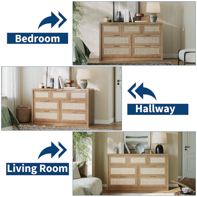 7 Drawers Dresser, 52" Wide Rattan Dresser Modern Chest of Drawers with Metal Handle, Wood Closet Storage Organizer