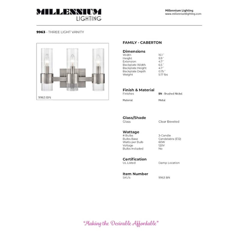 Millennium Lighting Caberton Brushed Nickel Vanity Light Fixture with Clear Beveled Shades
