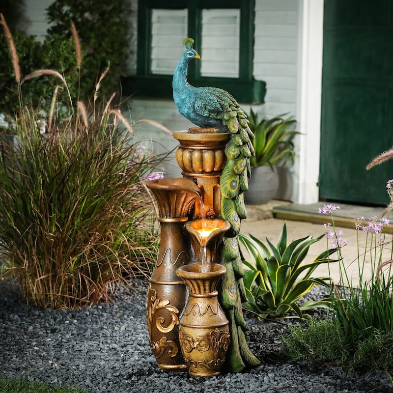 Peacock and Urns Resin Outdoor Fountain with LED Lights
