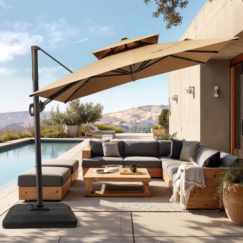 Pellebant 9X11FT Outdoor Dual Top Patio Umbrella Cantilever Offset with Base