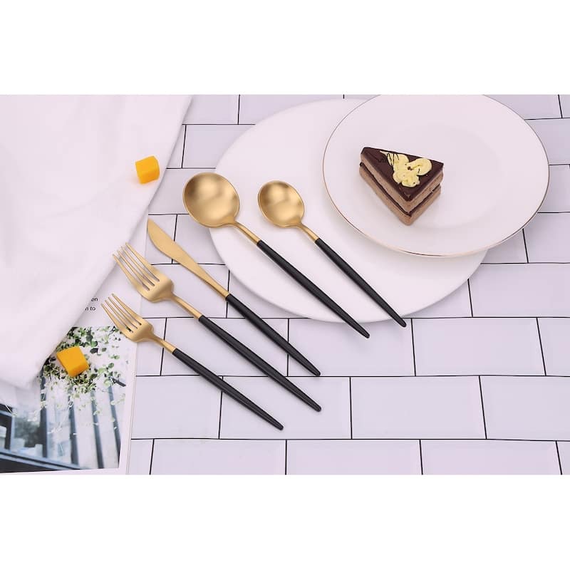 20 Pc Flatware Set Matte Gold With Black Handles - Service For 4