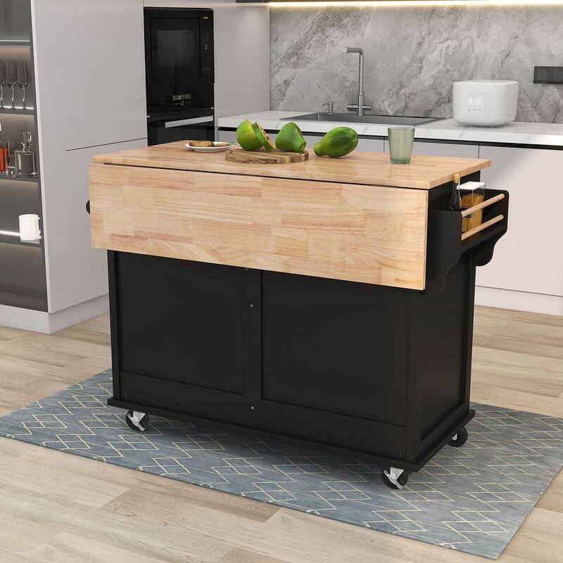 Rubberwood Folding Countertop Kitchen Cart with 2 Drawers and Storage Cabinet