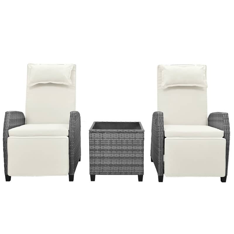 3 Piece Outdoor Rattan Two-person Recliner Chair set W/Coffee Table