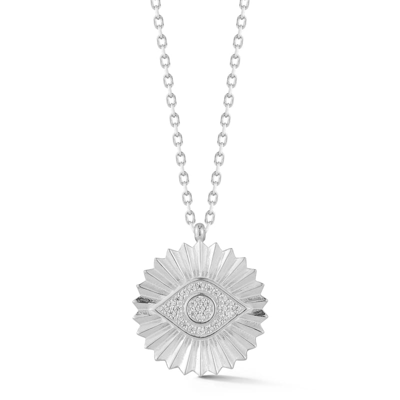Soleil Sterling Silver Pave Evil Eye Medallion Necklace - White