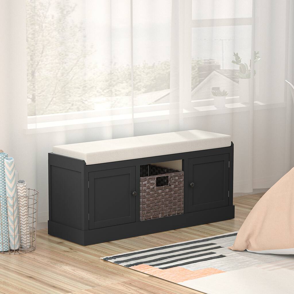 Rectangular Storage Bench & Large Storage Entryway Shoe Bench with 2 Cabinets & 1 Rattan Baskets and Removable Cushion