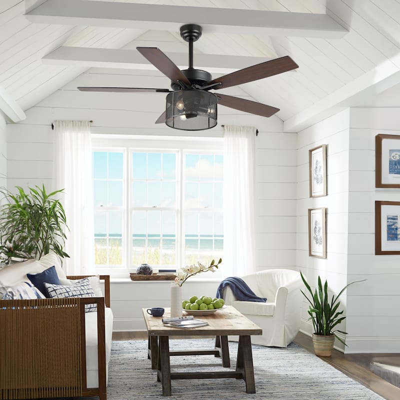Oscar 52" 3-Light Farmhouse Industrial Iron/Wood Mobile-App/Remote-Controlled LED Ceiling Fan, by JONATHAN Y