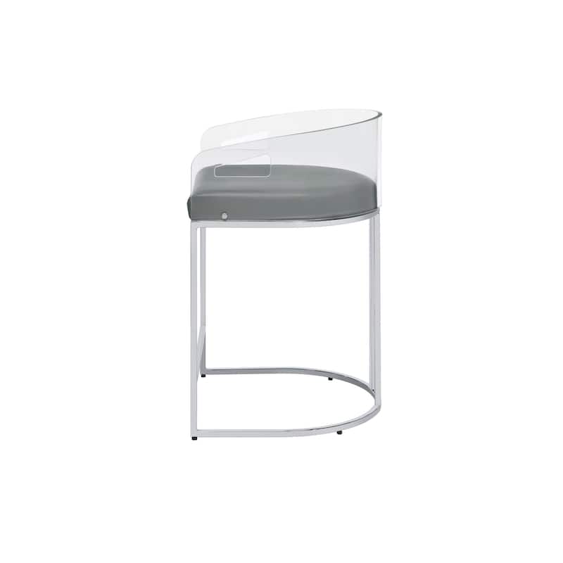 Con 31 Inch Set of 2 Modern Counter Stools, Clear Acrylic Back, Gray Seat