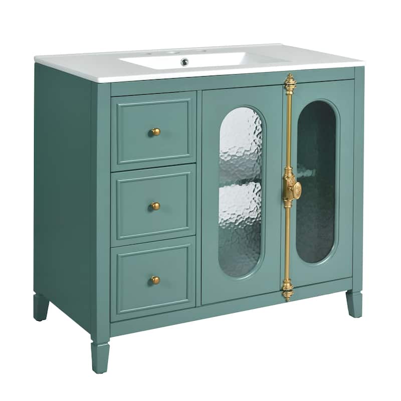36-Inch Lake Green Bathroom Vanity with Ceramic Sink, Glass Doors & Storage Drawers - 36 in ,Lake Green ,Ceramic,Solid Wood+MDF