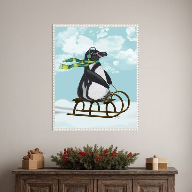 Penguin On Sled by Fab Funky (23 x 28 in.), Framed Canvas Wall Art Print - Sylvie Beaded White