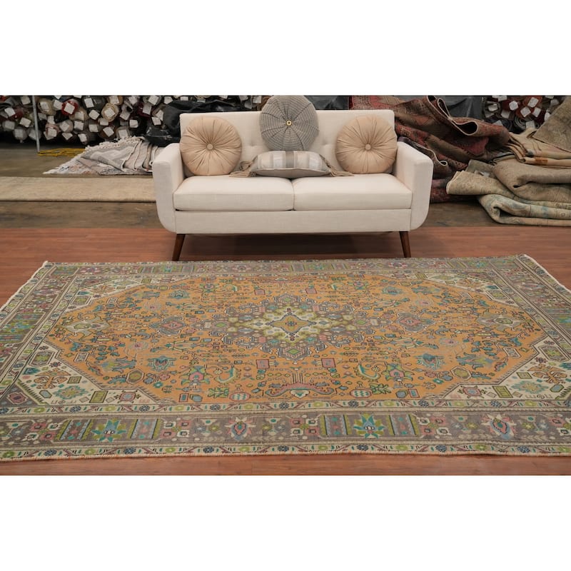Hand Knotted Oriental 100% Wool Carpet Traditional Floral Oranges & Rust Tabriz Area Rug - 9' 6'' X 6' 5''