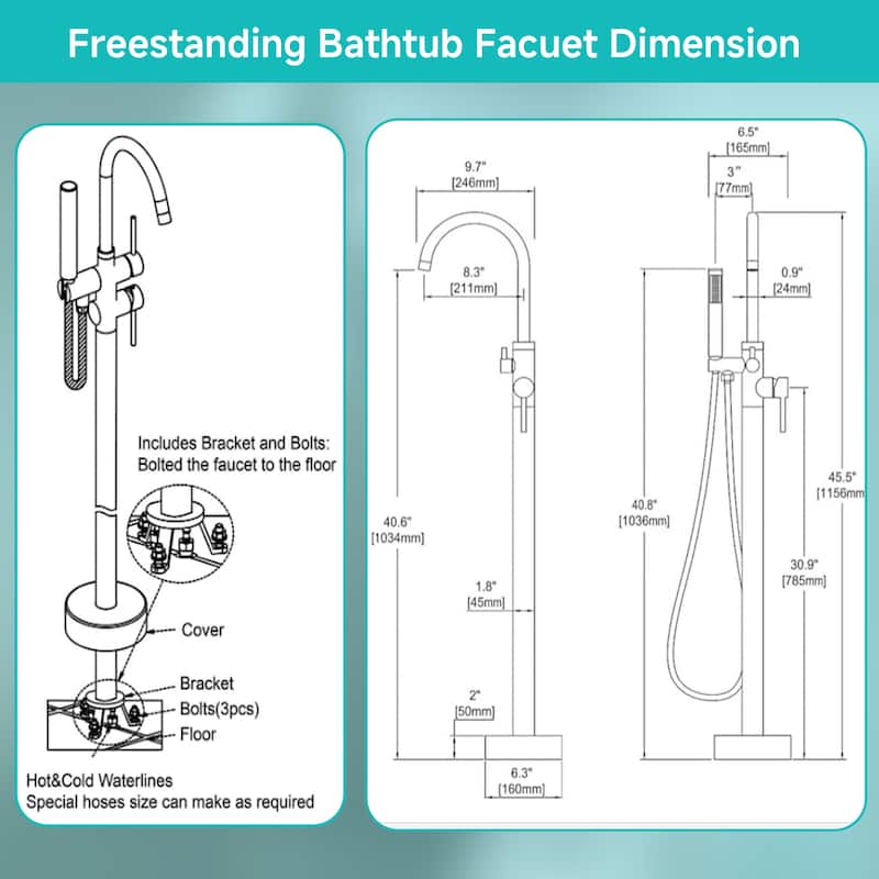 Floor Mount Bathtub Filler with Handheld Shower, Gold/Black/Sliver Freestanding Bathtub Faucet, Stand Alone Tub Faucet
