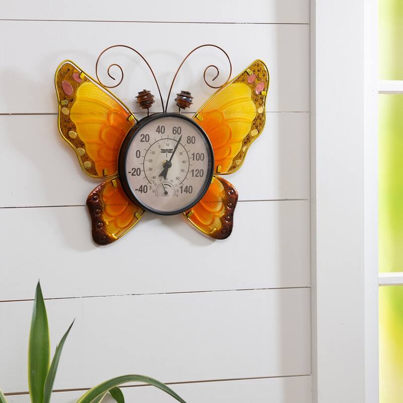 Butterfly Outdoor Wall Thermometer, Blue - Yellow