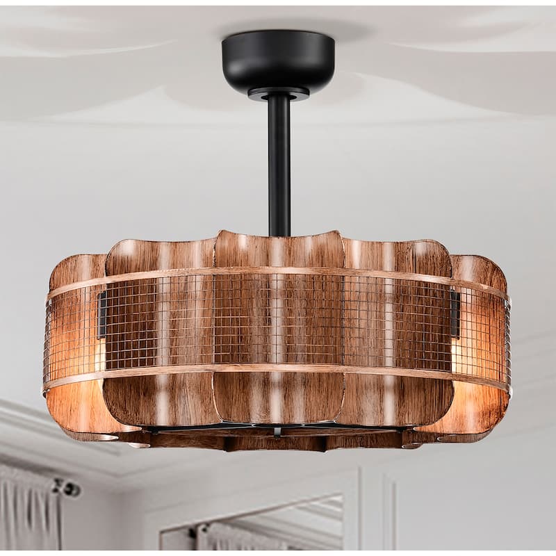 Moritz 21 Inch Imitation Wood Grain Farm House Style Fandelier - N/A - Matte Black and Wood Grain