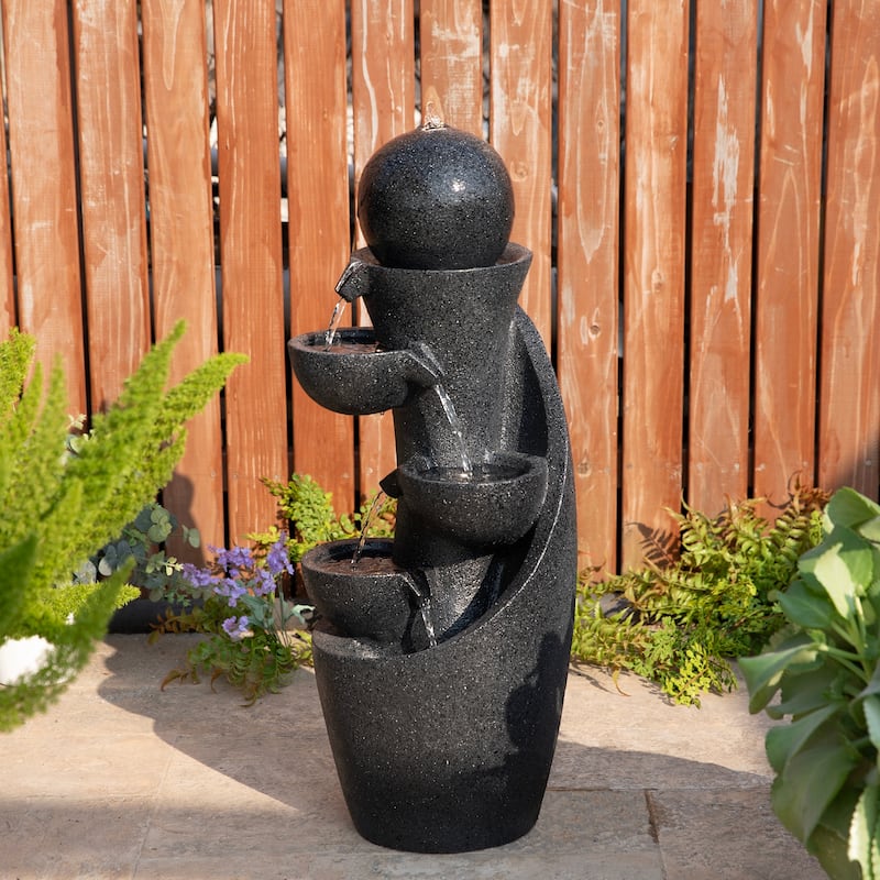 Glitzhome 33.5"H Modern 5-Tier Bowl and Sphere Polyresin Outdoor Fountain with Pump and LED Light