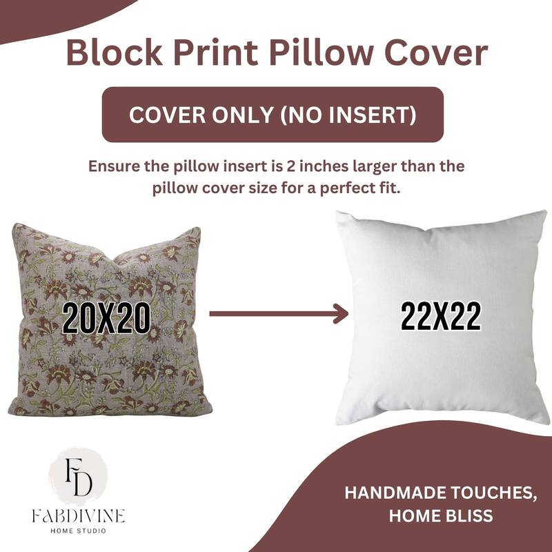 Fabdivine Cushion Cover Block Printed Throw Pillowcase Pink Thick Linen for Cozy Accent Home Floral Farmhouse Décor, Nayab