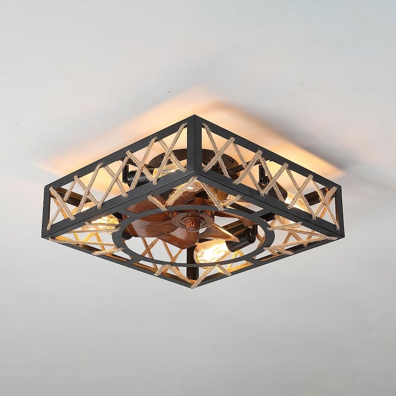 Modern black 7-blade ceiling fan with lights and remote control