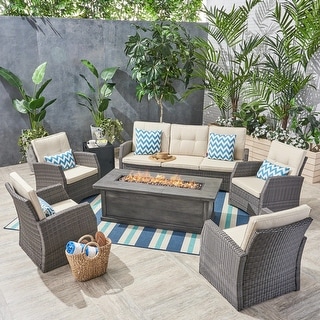 Sanger Outdoor 7 Seater Wicker Chat Set with Wood Finished Fire Pit by Christopher Knight Home