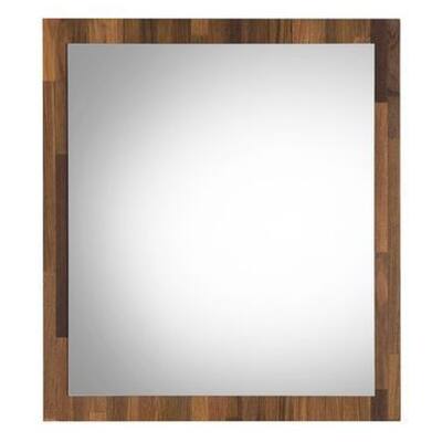 32 Inch Wall Mirror, Rectangular Portrait Plank Wood Frame, Walnut Brown