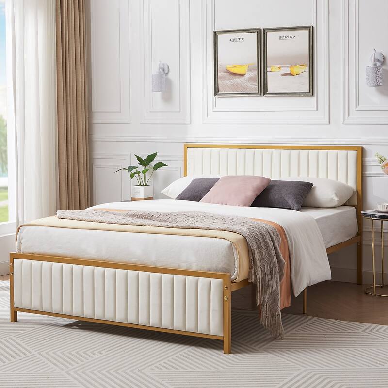 Javlergo Bed Frames with Upholstered Tufted Headboard and Footboard, Heavy Duty Steel Slats Platform, No Box Spring Needed - Beige - Full
