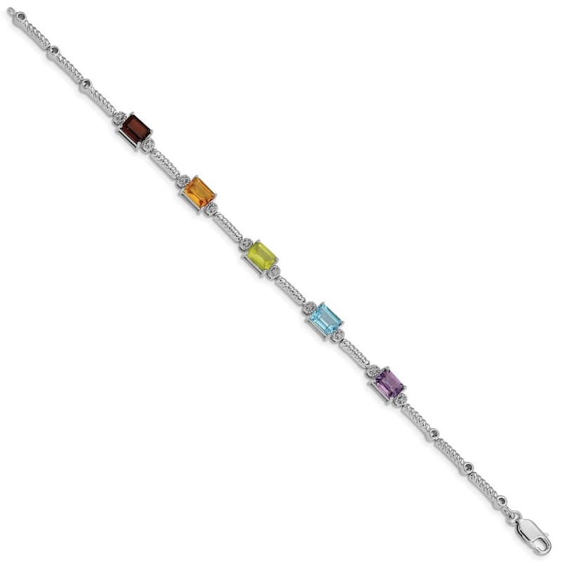 Curata 5mm 925 Sterling Silver Polished Multi colored Lobster Claw Closure Multi Gemstone and Diamond Tennis Bracelet