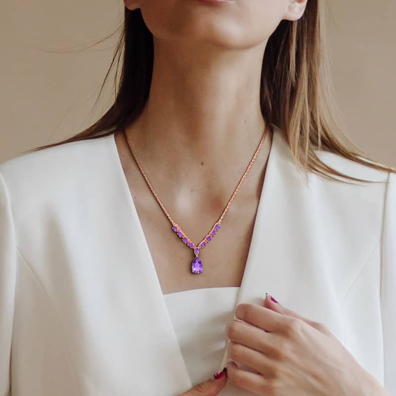 Miadora 3ct TGW Pear and Oval-Cut Amethyst Lariat Necklace in Rose Silver-18 in+2 ext