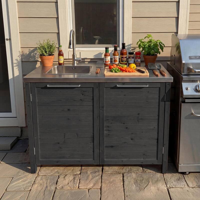 Modular Outdoor Kitchen Island Set, 100% Solid Wood BBQ Cabinet , Patio Kitchen Bar Table