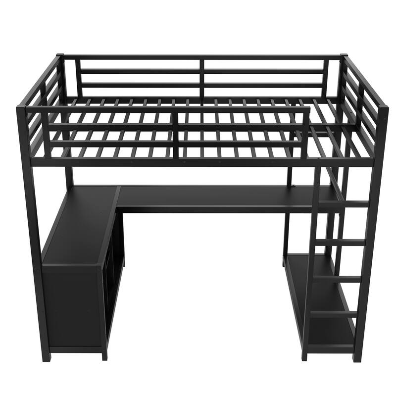 Roomfitters Metal Loft Bed with Wardrobe and L-Shaped Desk, Storage Shelves, Black