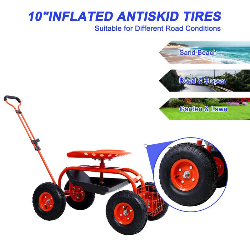 Adjustable Garden Cart with Swivel Seat, Large 10-Inch Wheels, Storage Tray and Basket, Easy Maneuvering - Iron