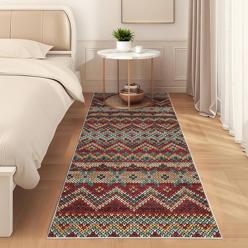 Living Room Rugs Soft Boho Geometric Area Rugs Non-Slip Washable Area Rug for Bedroom Home Office Dining Room - 2'x6' - Dark Red