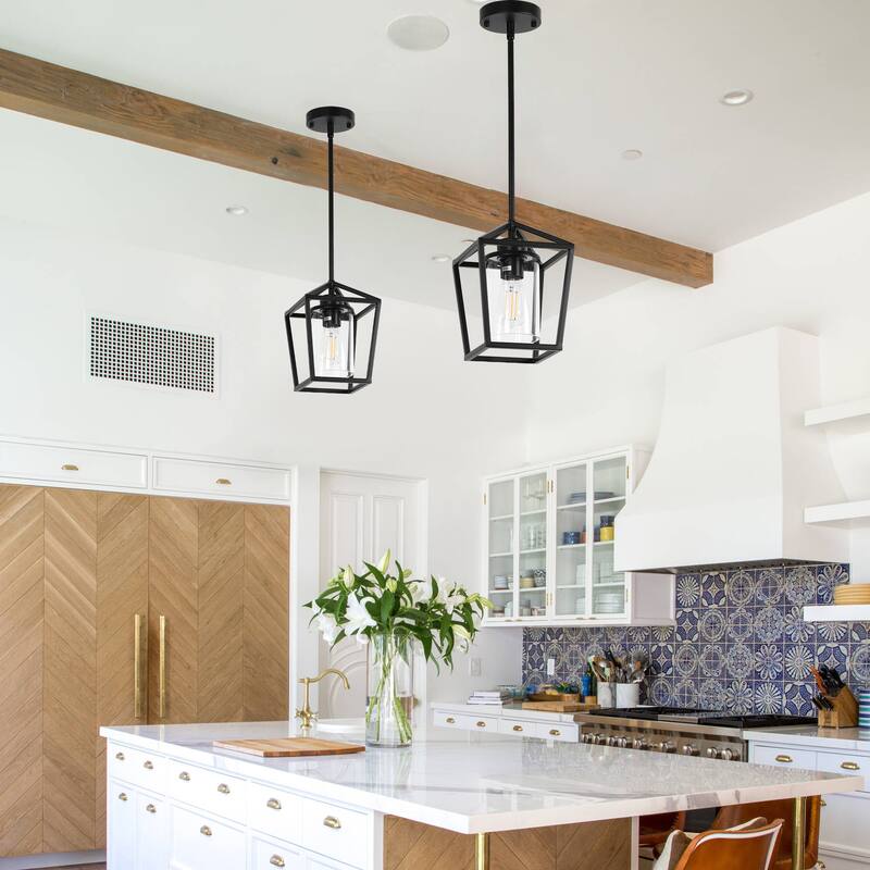 Matte Black Farmhouse Cage Pendant Light with Clear Glass Shade, Adjustable Height - 7.09 in.