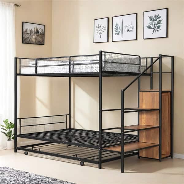 slide 2 of 18, Twin Over Full Metal Bunk Bed with Trundle & Storage Ladder & Wardrobe